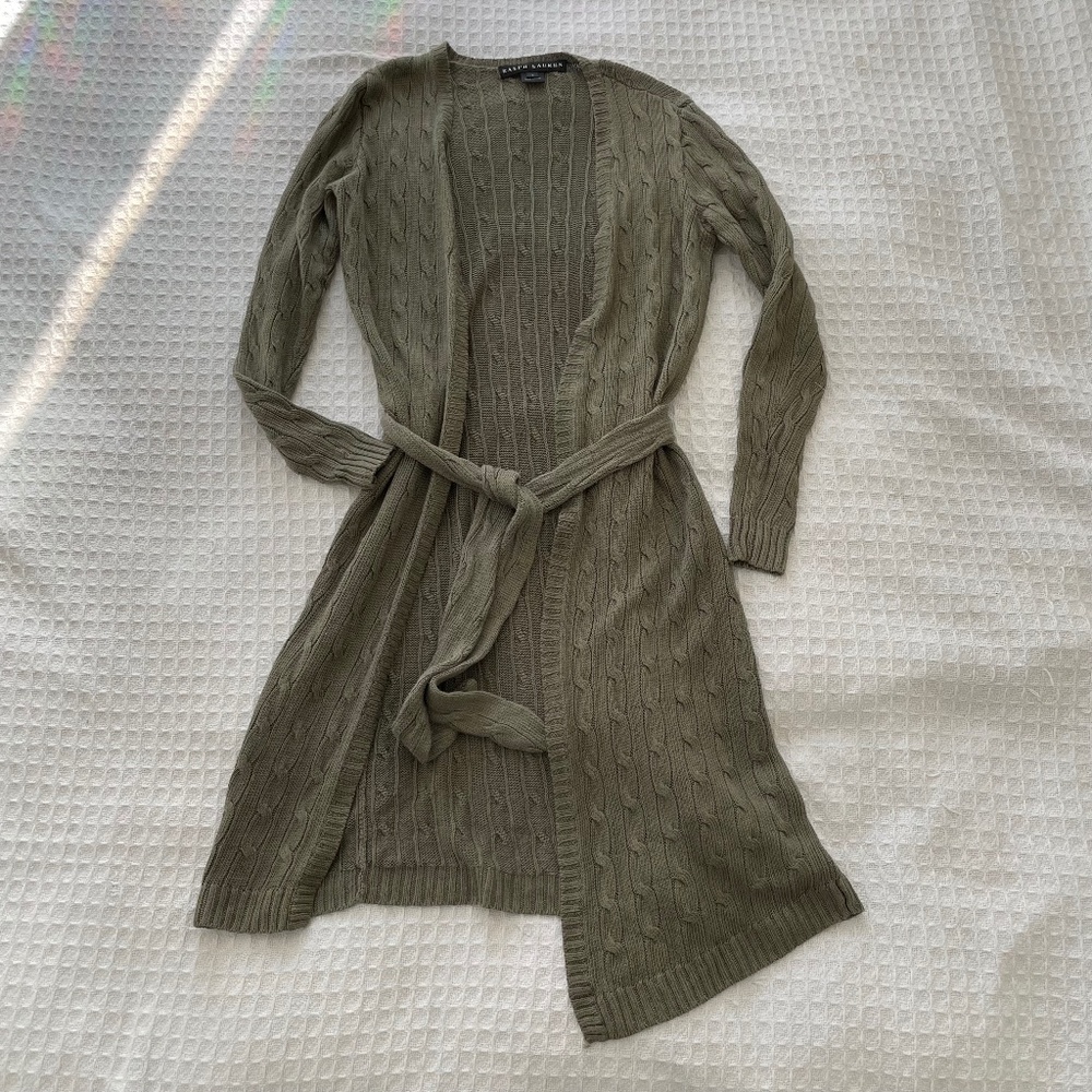 Ralph Lauren Sage Green Cable-Knit style sweater w/Tie Belt - Size S Linen/Silk